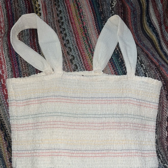 Babydoll Smocked Bodice Top Colorful Y2K Textured Peplum Rainbow Stripe Blouse - Picture 3 of 4